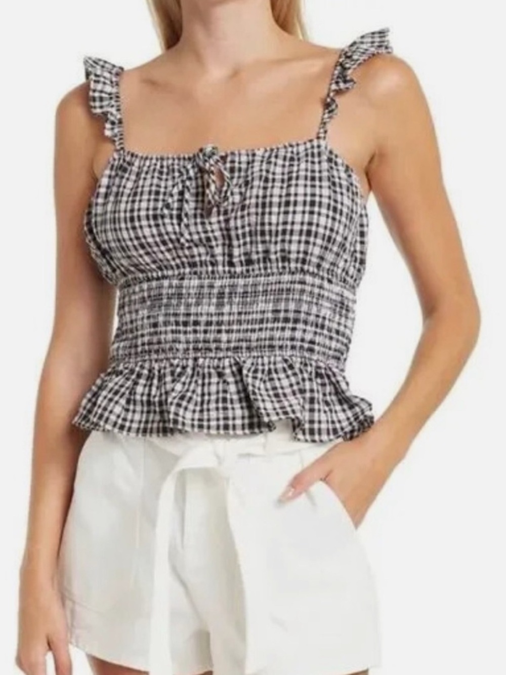 Wayf | Black & White Gingham Ruffle Smocked Tank Top